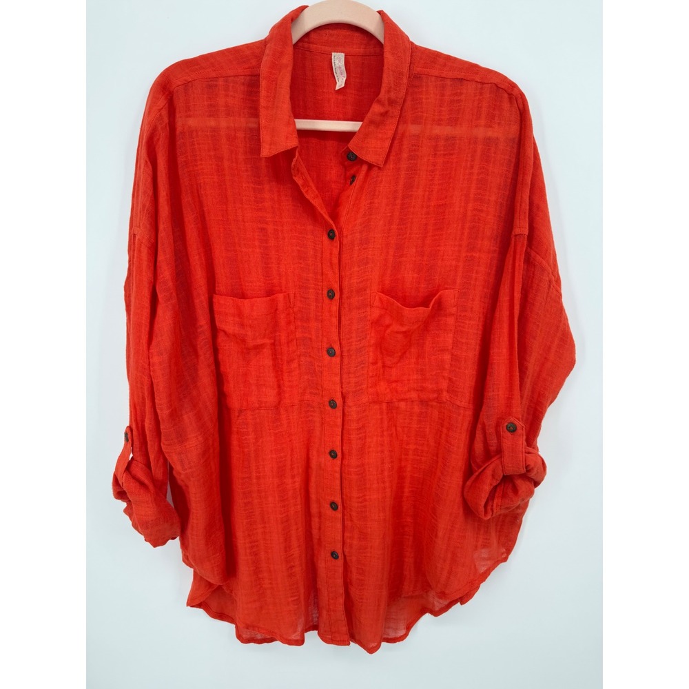 Free People Button Down Shirt Womens LG Orange Gauze Oversized Split Back Top